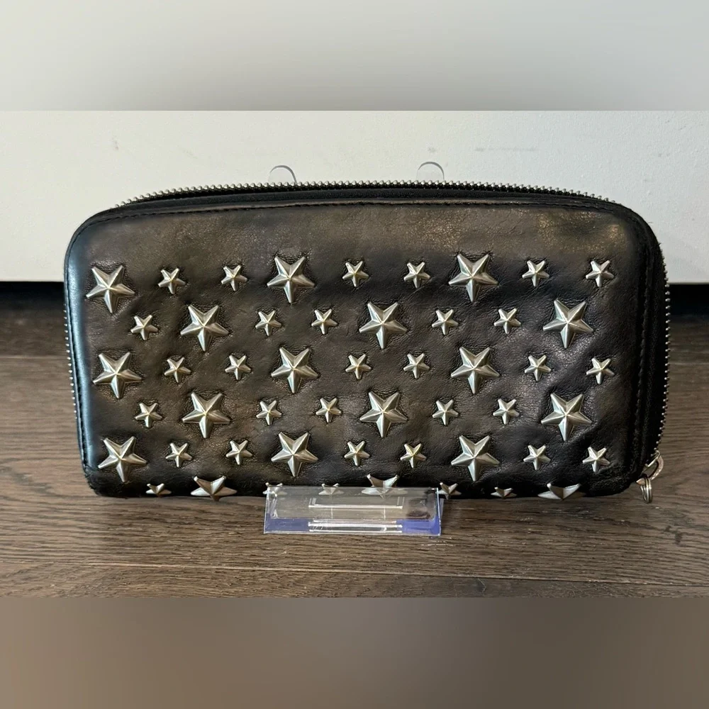 Jimmy Choo Black Star-Studded Leather Zip Wallet 8x4” - Picture 1 of 12
